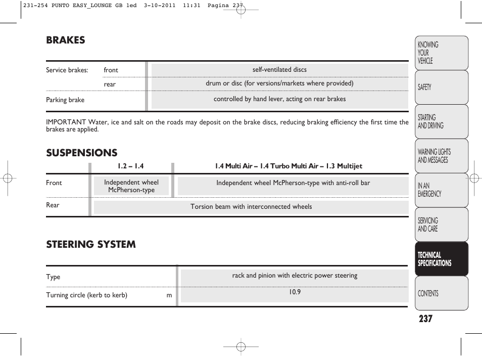 Brakes, Suspensions, Steering system | FIAT Punto 2012 User Manual | Page 239 / 267