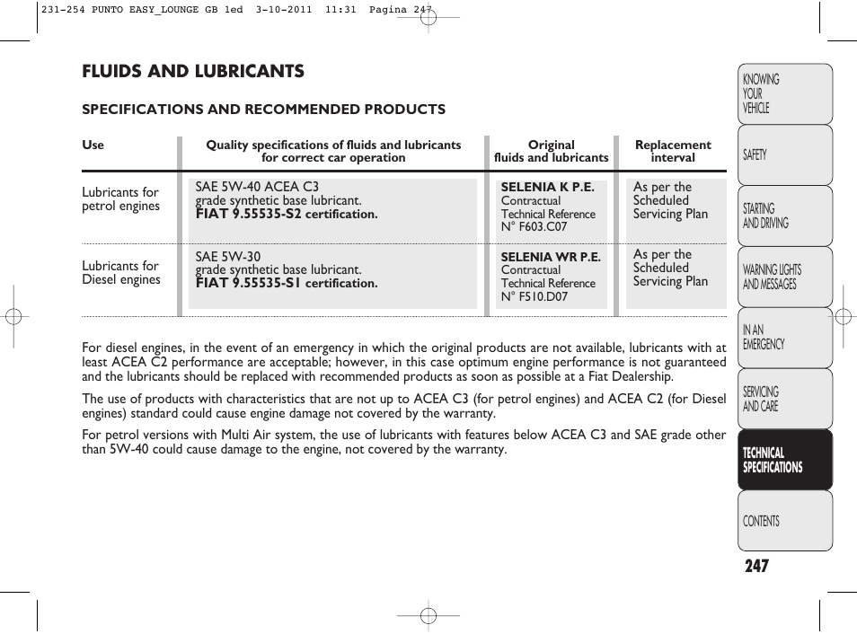 FIAT Punto 2012 User Manual | Page 249 / 267