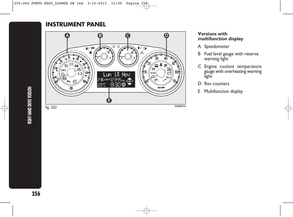 256 instrument panel | FIAT Punto 2012 User Manual | Page 258 / 267