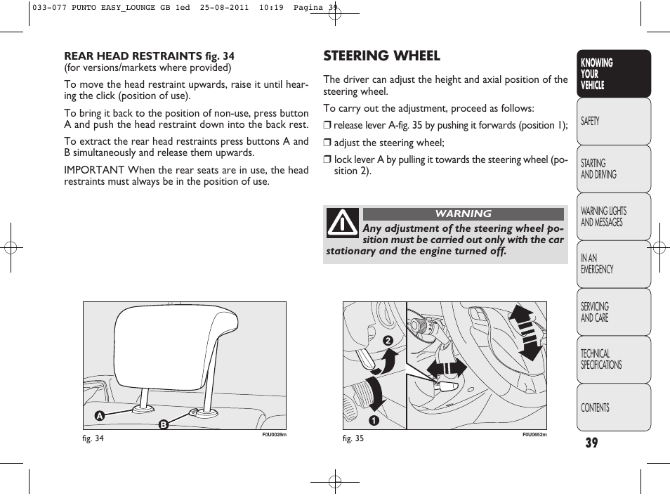 Steering wheel | FIAT Punto 2012 User Manual | Page 41 / 267