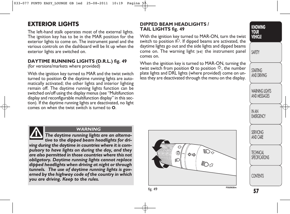 Exterior lights | FIAT Punto 2012 User Manual | Page 59 / 267