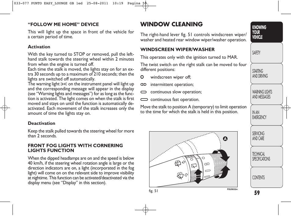 Window cleaning | FIAT Punto 2012 User Manual | Page 61 / 267