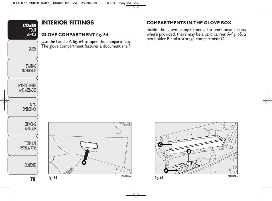 Interior fittings | FIAT Punto 2012 User Manual | Page 72 / 267