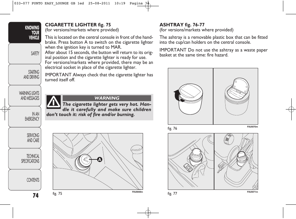 FIAT Punto 2012 User Manual | Page 76 / 267