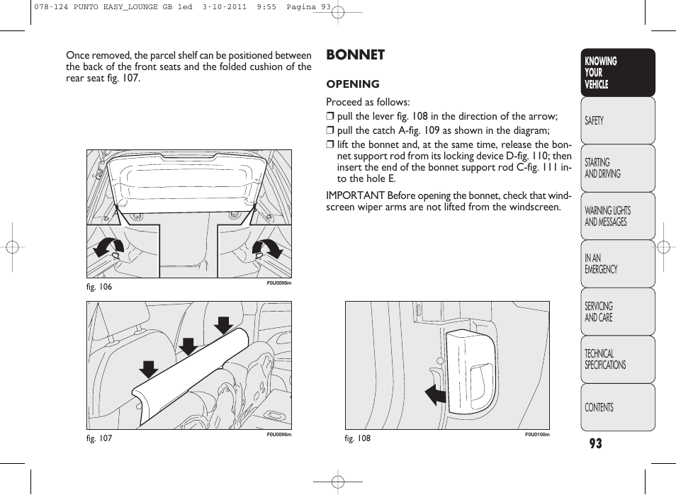 Bonnet | FIAT Punto 2012 User Manual | Page 95 / 267