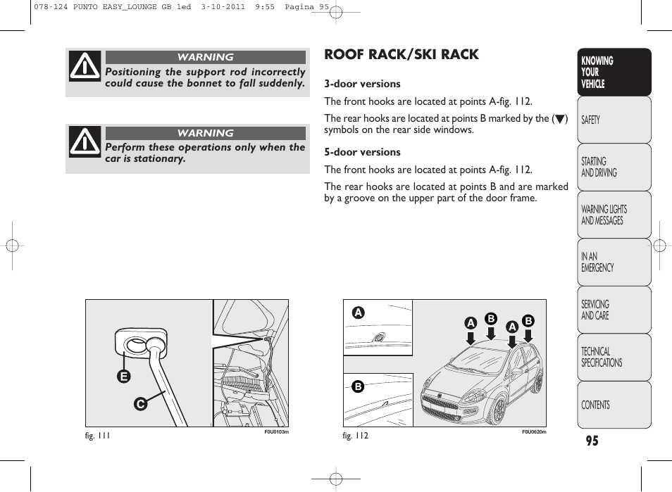 Roof rack/ski rack | FIAT Punto 2012 User Manual | Page 97 / 267