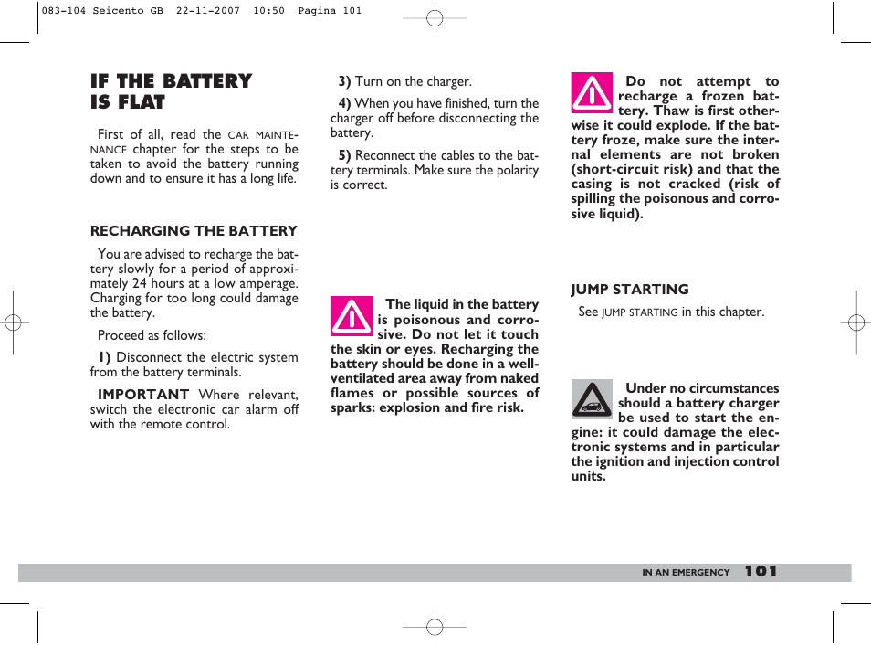 If the battery is flat | FIAT 600 User Manual | Page 102 / 146