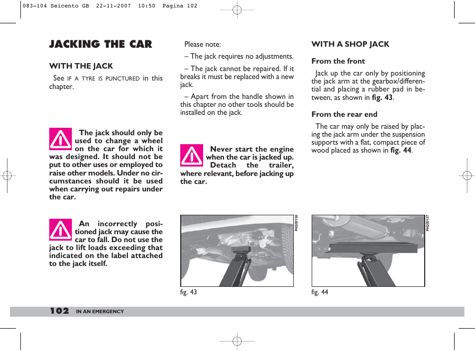 Jacking the car | FIAT 600 User Manual | Page 103 / 146