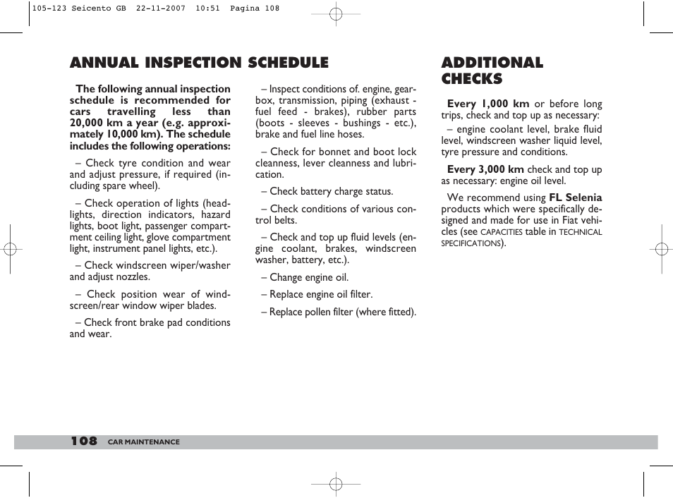 Annual inspection schedule, Additional checks | FIAT 600 User Manual | Page 109 / 146