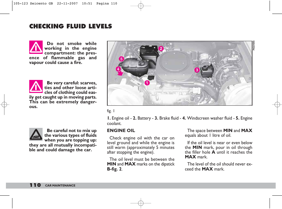 Checking fluid levels | FIAT 600 User Manual | Page 111 / 146