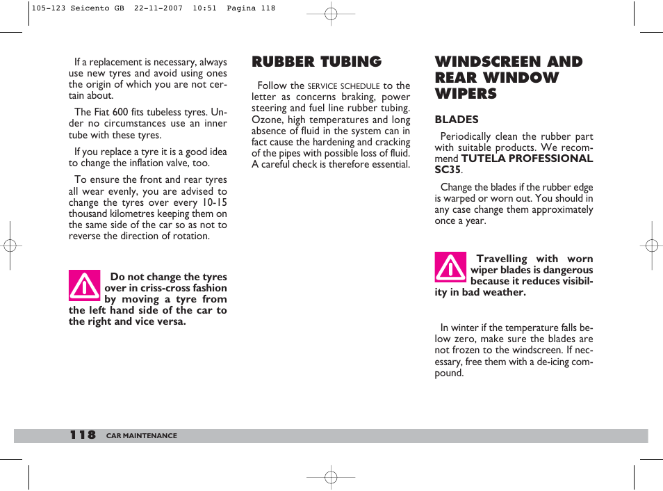 Rubber tubing, Windscreen and rear window wipers | FIAT 600 User Manual | Page 119 / 146