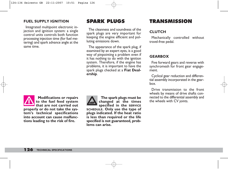 Spark plugs, Transmission | FIAT 600 User Manual | Page 127 / 146