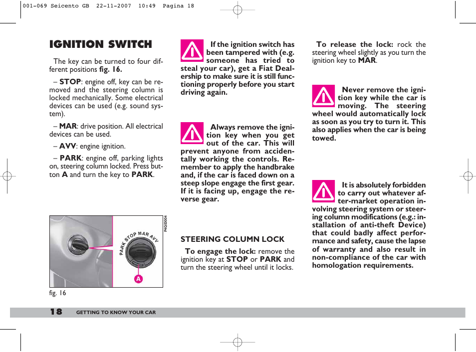 Ignition switch | FIAT 600 User Manual | Page 19 / 146