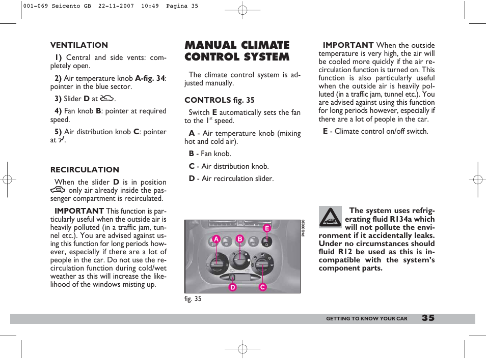 Manual climate control system | FIAT 600 User Manual | Page 36 / 146