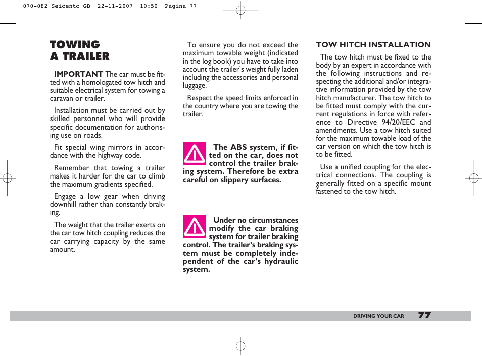 Towing a trailer | FIAT 600 User Manual | Page 78 / 146