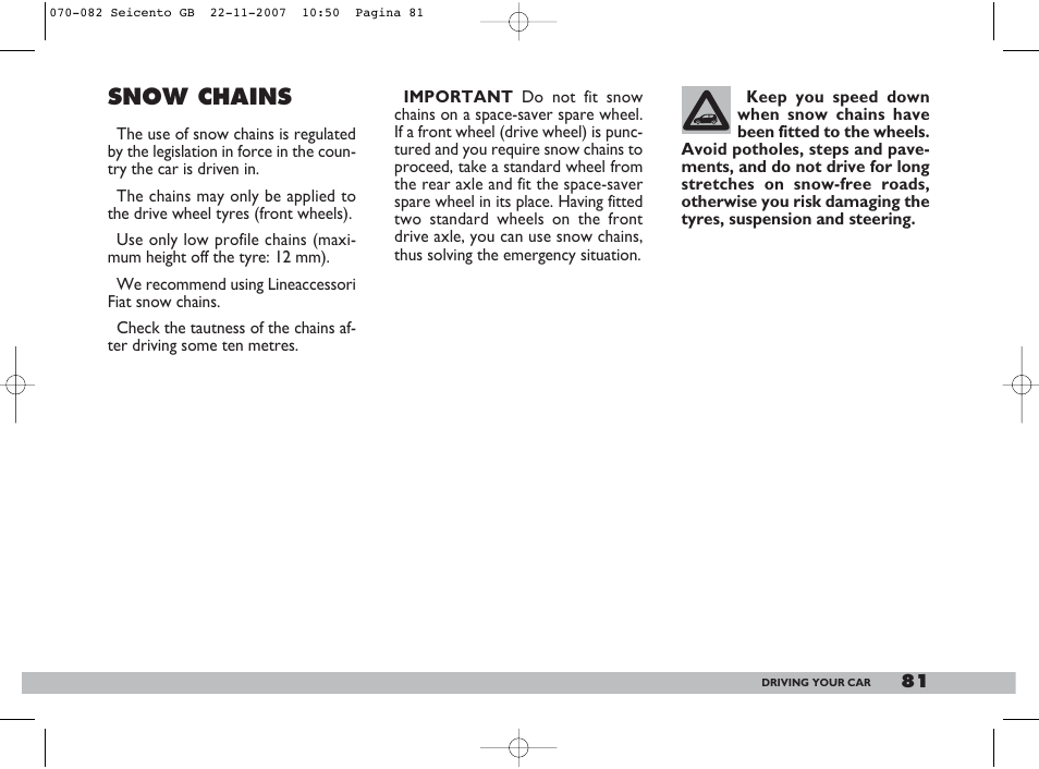 Snow chains | FIAT 600 User Manual | Page 82 / 146