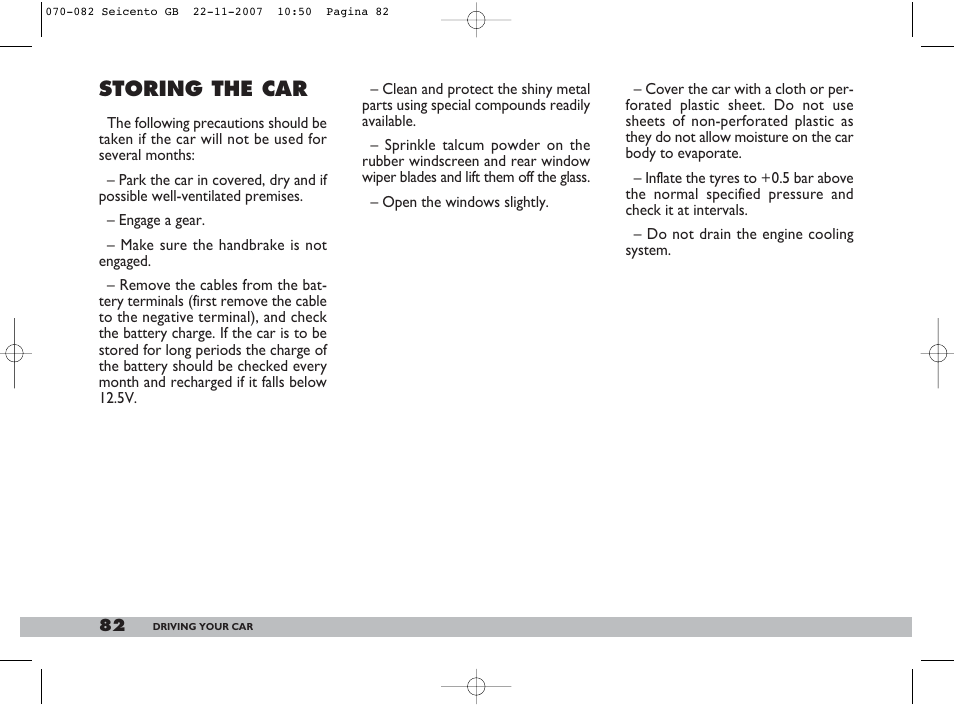 Storing the car | FIAT 600 User Manual | Page 83 / 146