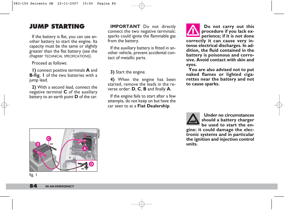 Jump starting | FIAT 600 User Manual | Page 85 / 146