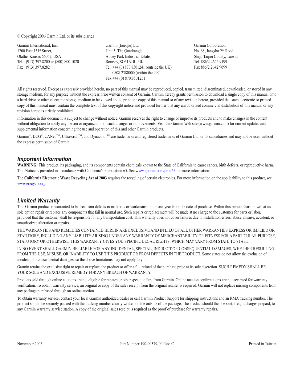 Important information, Limited warranty | Garmin GSD 22 User Manual | Page 2 / 10