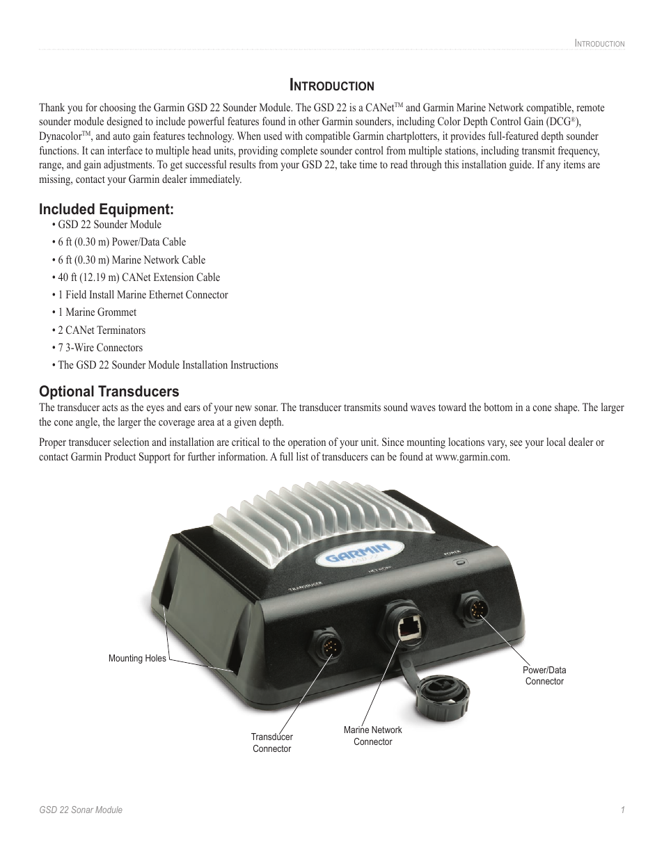 Included equipment, Optional transducers | Garmin GSD 22 User Manual | Page 3 / 10