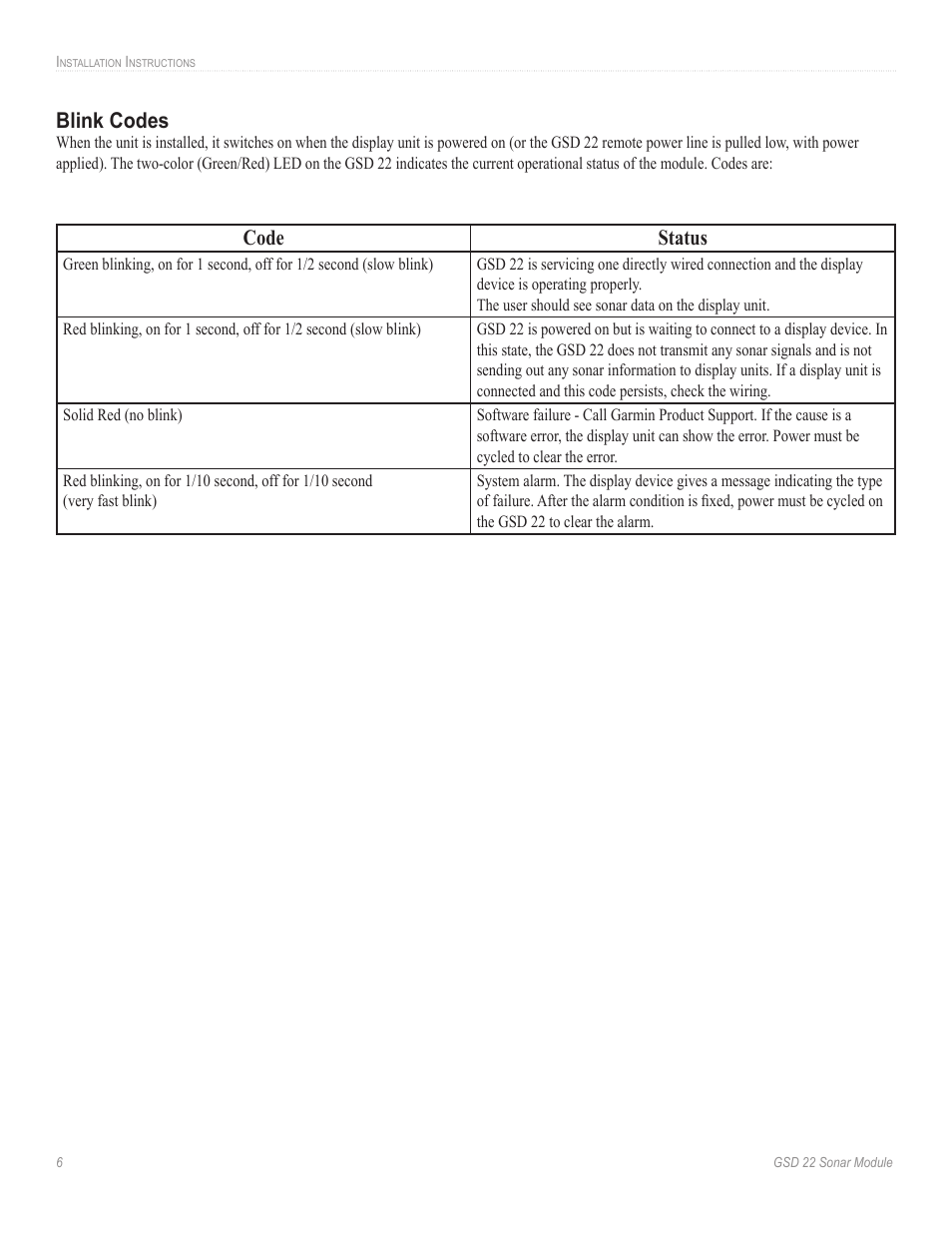 Blink codes, Code status | Garmin GSD 22 User Manual | Page 8 / 10