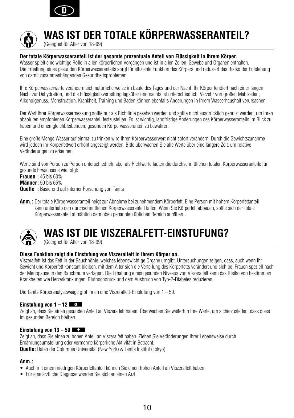 Was ist der totale körperwasseranteil, Was ist die viszeralfett-einstufung | Garmin Tanita BC 1000 User Manual | Page 10 / 44