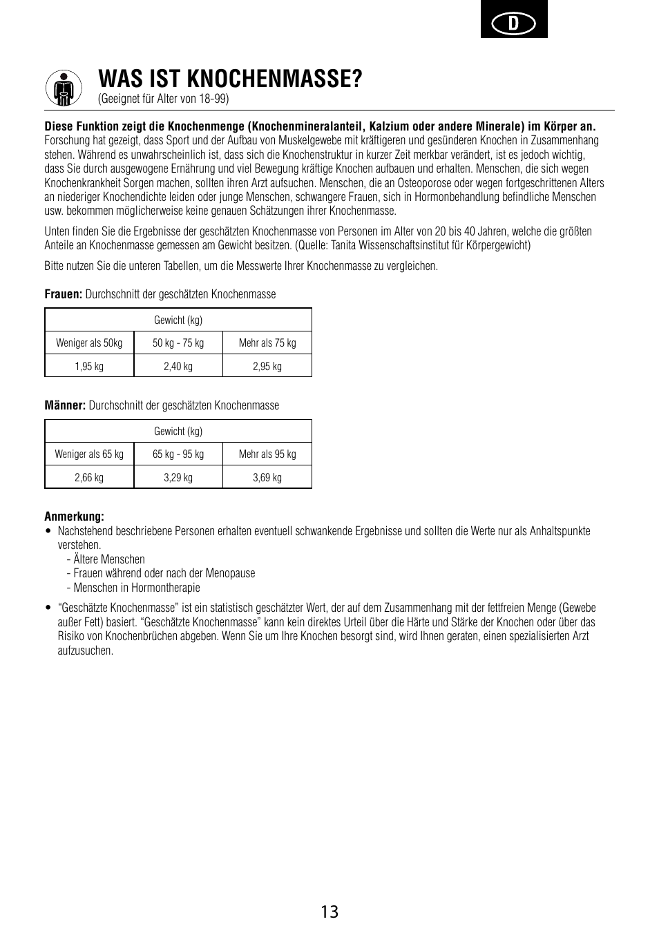 Was ist knochenmasse | Garmin Tanita BC 1000 User Manual | Page 13 / 44