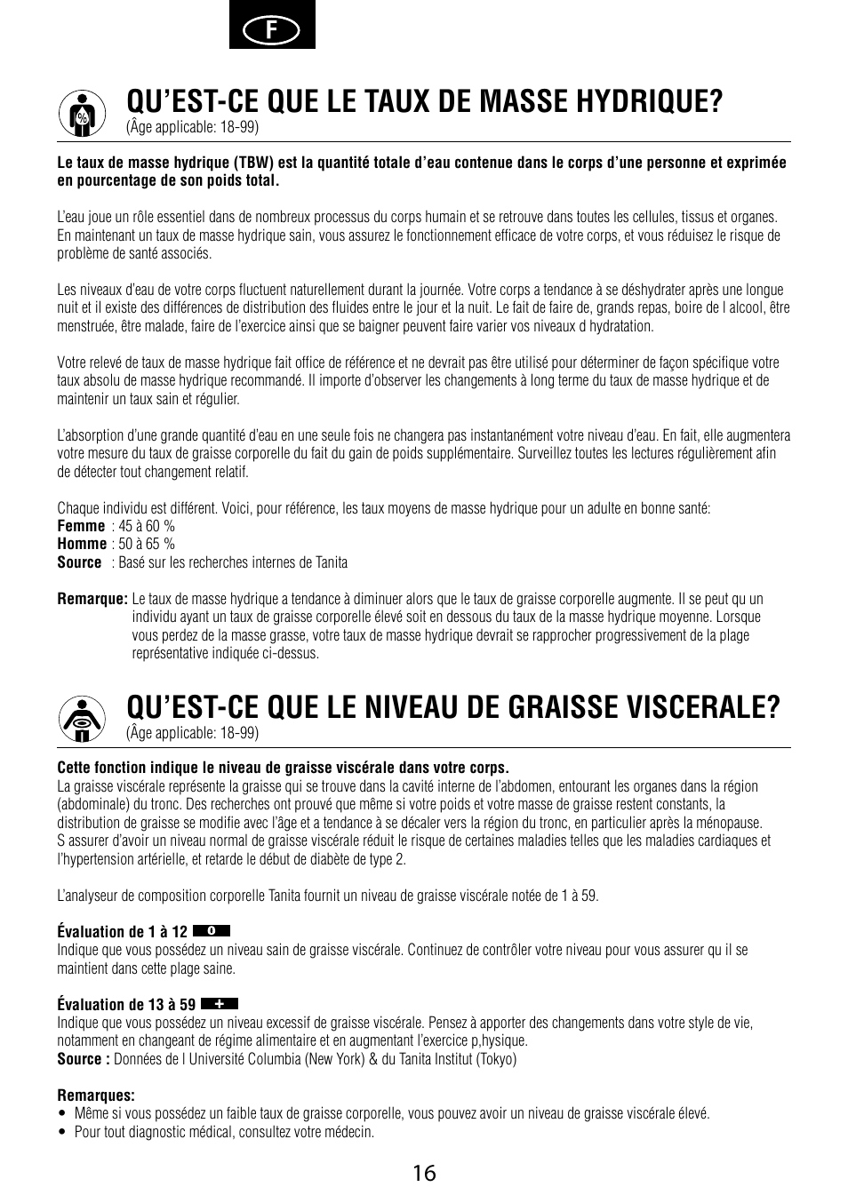 Qu’est-ce que le taux de masse hydrique, Qu’est-ce que le niveau de graisse viscerale | Garmin Tanita BC 1000 User Manual | Page 16 / 44