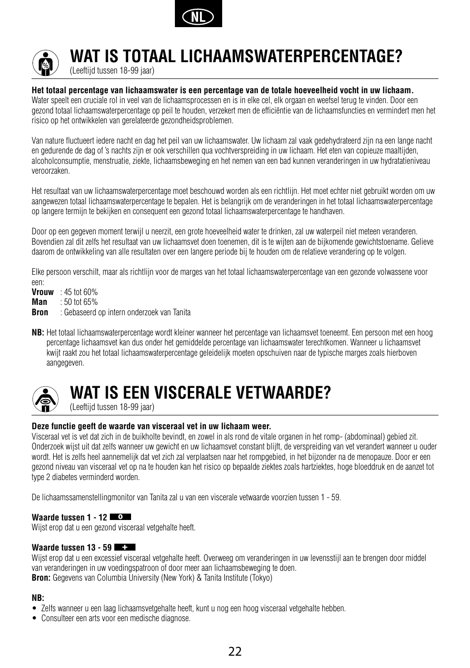 Wat is totaal lichaamswaterpercentage, Wat is een viscerale vetwaarde | Garmin Tanita BC 1000 User Manual | Page 22 / 44