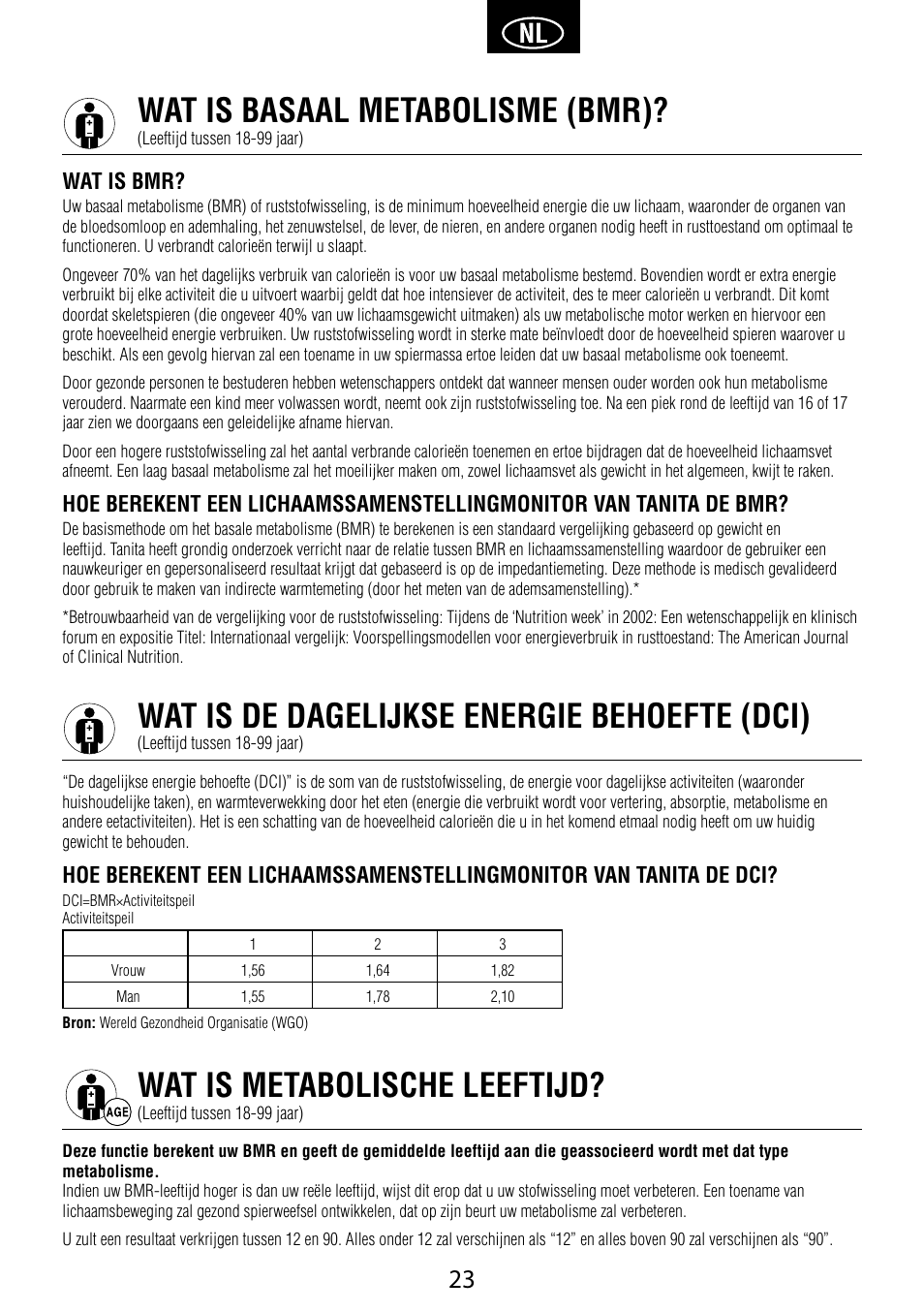 Wat is basaal metabolisme (bmr), Wat is de dagelijkse energie behoefte (dci), Wat is metabolische leeftijd | Wat is bmr | Garmin Tanita BC 1000 User Manual | Page 23 / 44