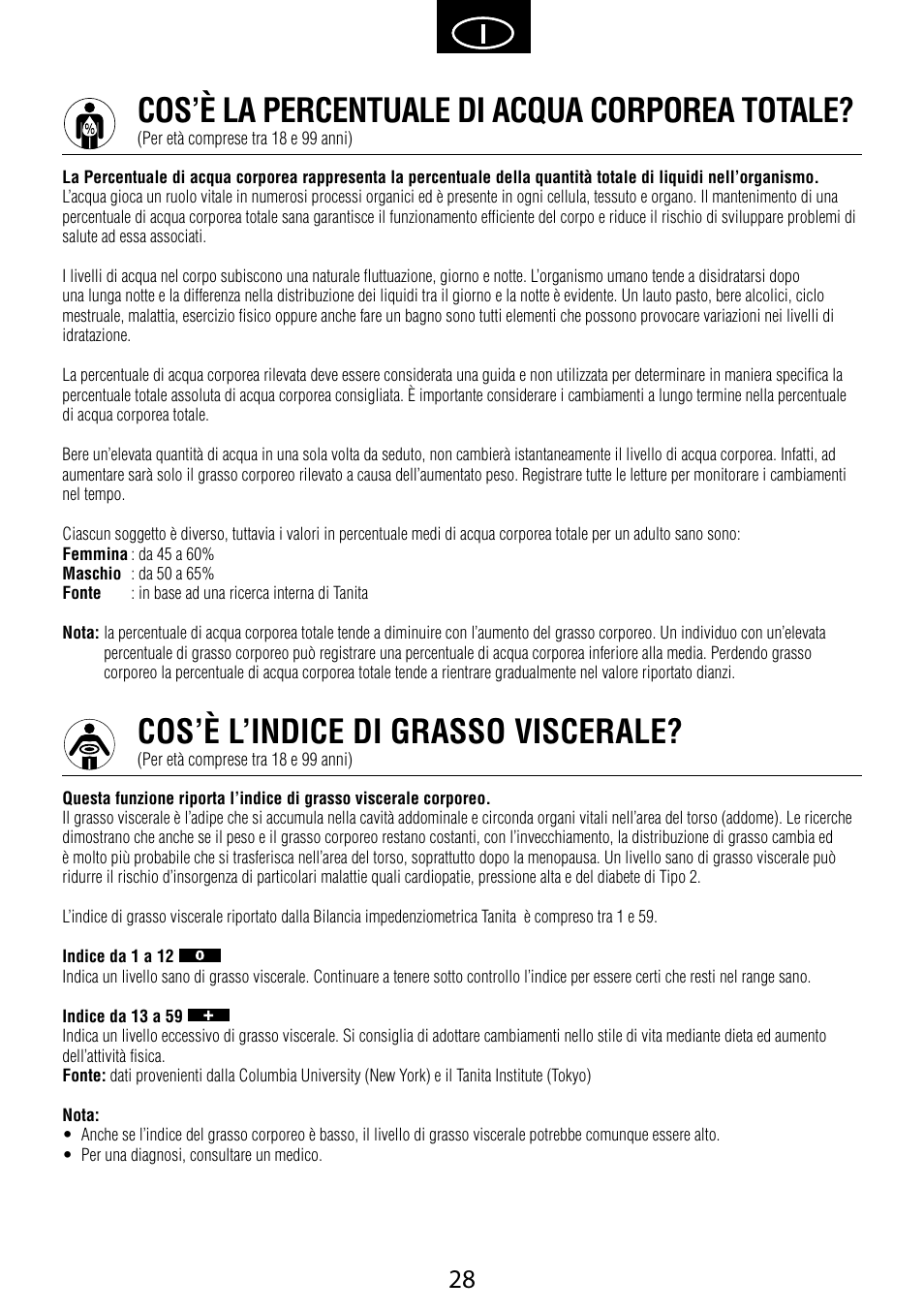 Cos’è la percentuale di acqua corporea totale, Cos’è l’indice di grasso viscerale | Garmin Tanita BC 1000 User Manual | Page 28 / 44