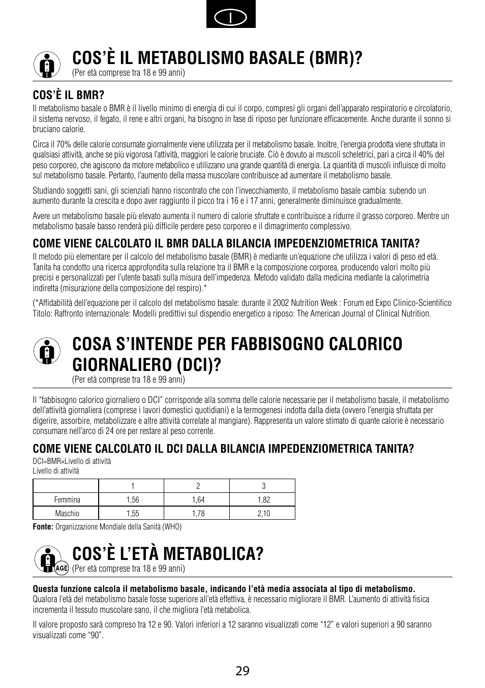 Cos’è il metabolismo basale (bmr), Cos’è l’età metabolica | Garmin Tanita BC 1000 User Manual | Page 29 / 44