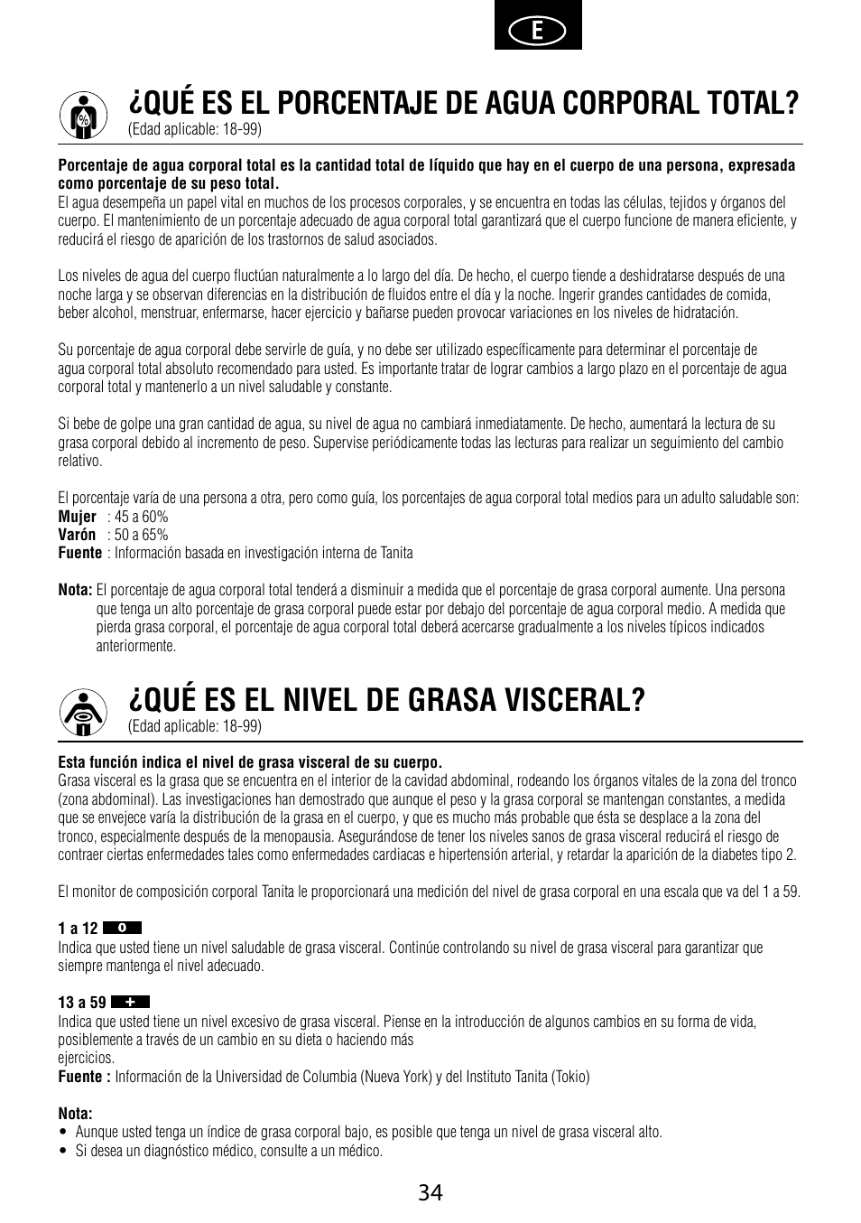 Qué es el porcentaje de agua corporal total, Qué es el nivel de grasa visceral | Garmin Tanita BC 1000 User Manual | Page 34 / 44