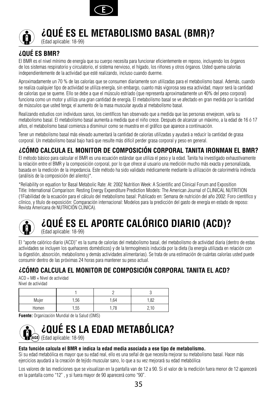 Qué es el metabolismo basal (bmr), Qué es el aporte calórico diario (acd), Qué es la edad metabólica | Qué es bmr | Garmin Tanita BC 1000 User Manual | Page 35 / 44