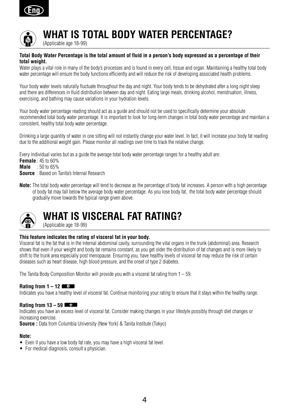 What is total body water percentage, What is visceral fat rating | Garmin Tanita BC 1000 User Manual | Page 4 / 44