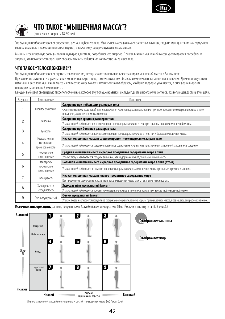 Что такое “мышечная масса, Что такое “телосложение | Garmin Tanita BC 1000 User Manual | Page 42 / 44