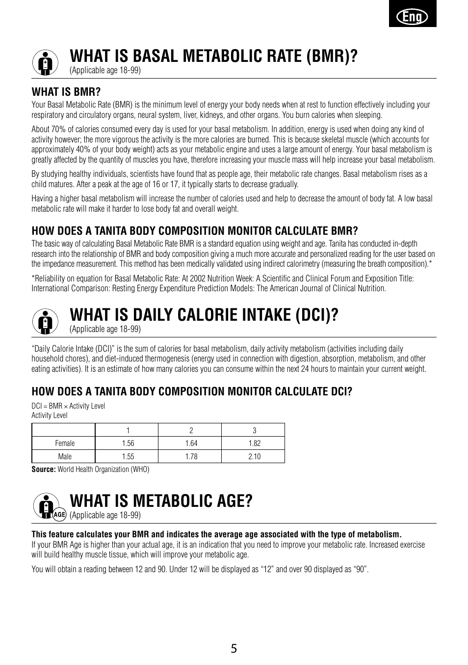 What is basal metabolic rate (bmr), What is daily calorie intake (dci), What is metabolic age | What is bmr | Garmin Tanita BC 1000 User Manual | Page 5 / 44