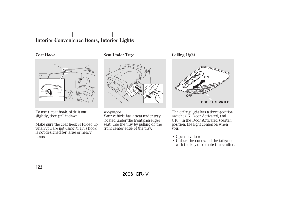Interior convenience items, interior lights | HONDA 2008 CR-V User Manual | Page 126 / 373