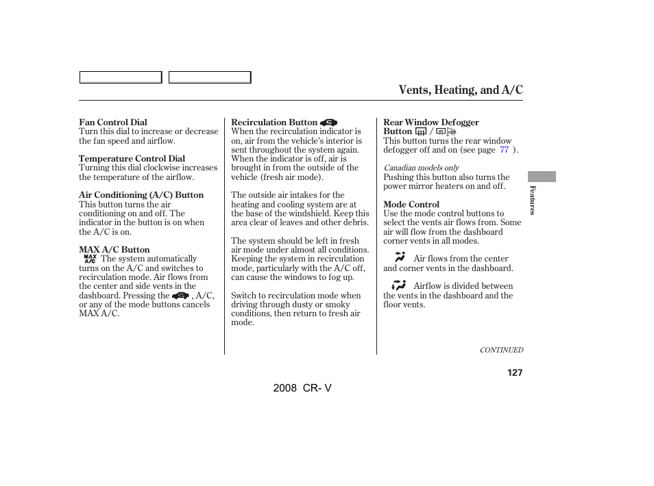 Vents, heating, and a/c | HONDA 2008 CR-V User Manual | Page 131 / 373