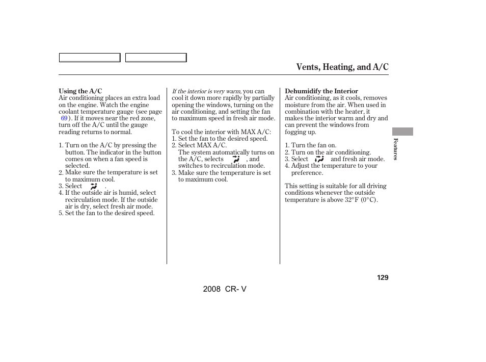 Vents, heating, and a/c | HONDA 2008 CR-V User Manual | Page 133 / 373
