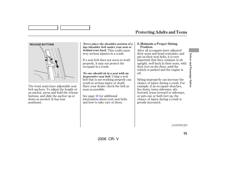 Protecting adults and teens, 2008 cr- v | HONDA 2008 CR-V User Manual | Page 19 / 373