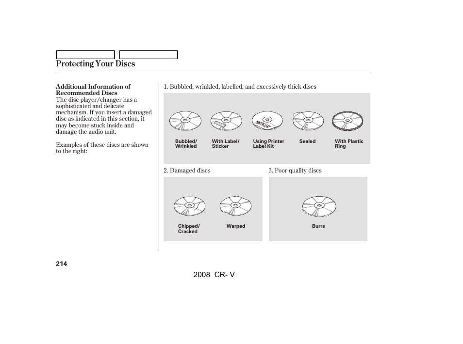 Protecting your discs, 2008 cr- v | HONDA 2008 CR-V User Manual | Page 218 / 373