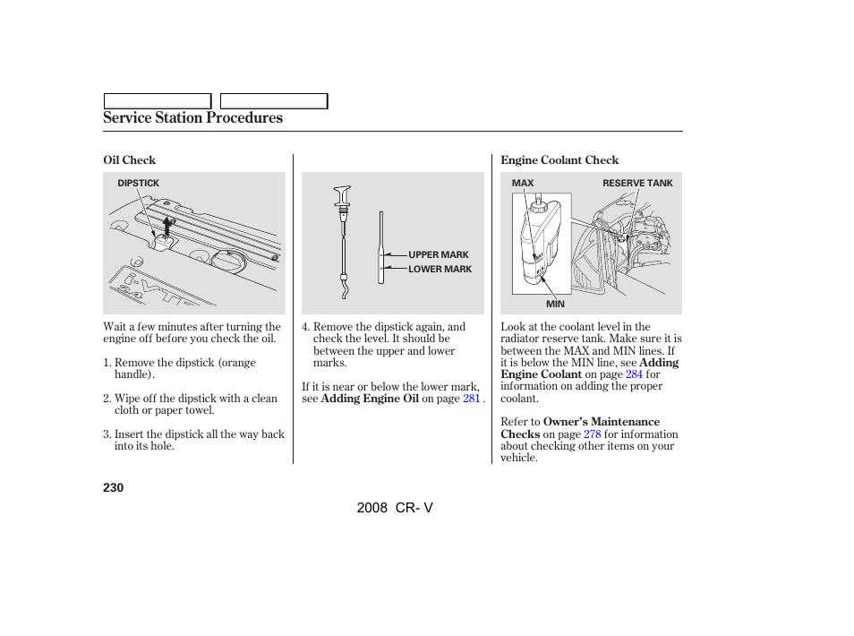 Service station procedures | HONDA 2008 CR-V User Manual | Page 234 / 373