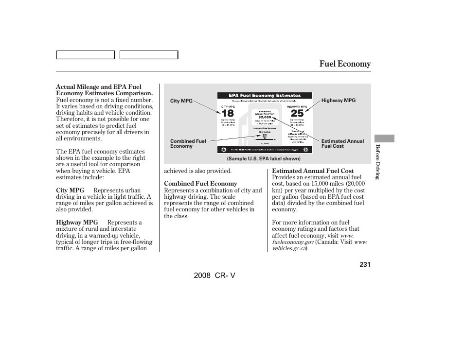 Fuel economy, 2008 cr- v | HONDA 2008 CR-V User Manual | Page 235 / 373