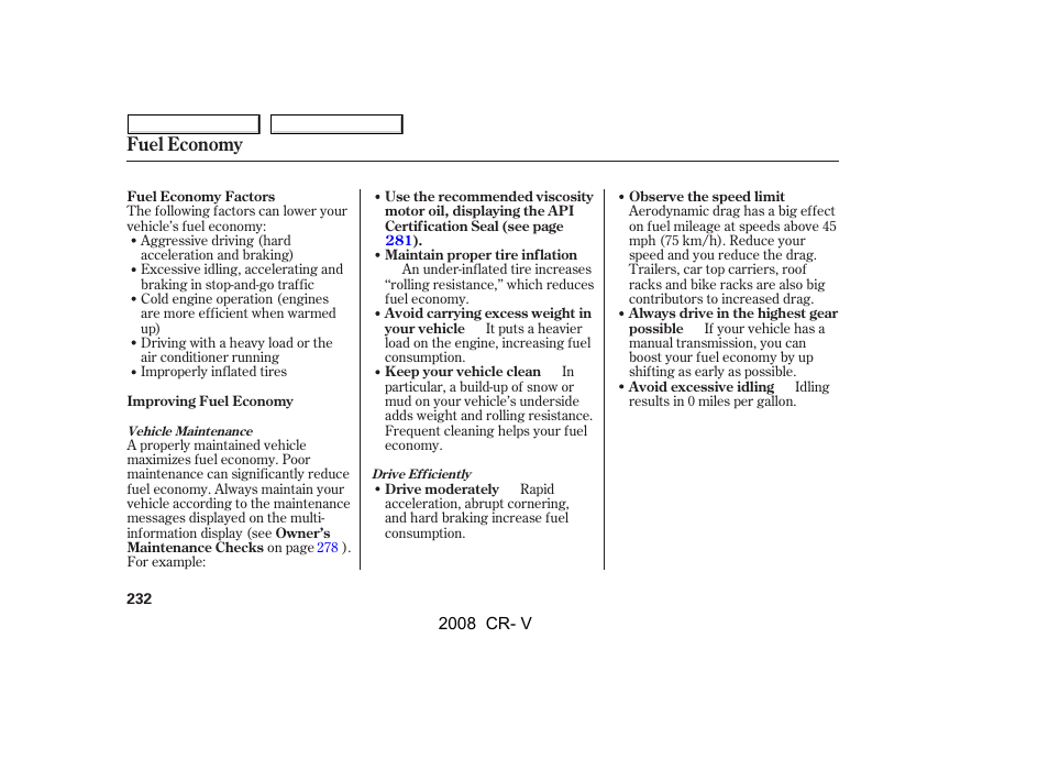 Fuel economy | HONDA 2008 CR-V User Manual | Page 236 / 373