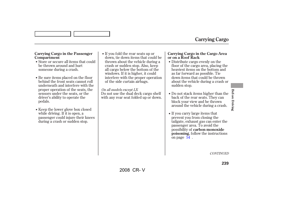 Carrying cargo | HONDA 2008 CR-V User Manual | Page 243 / 373