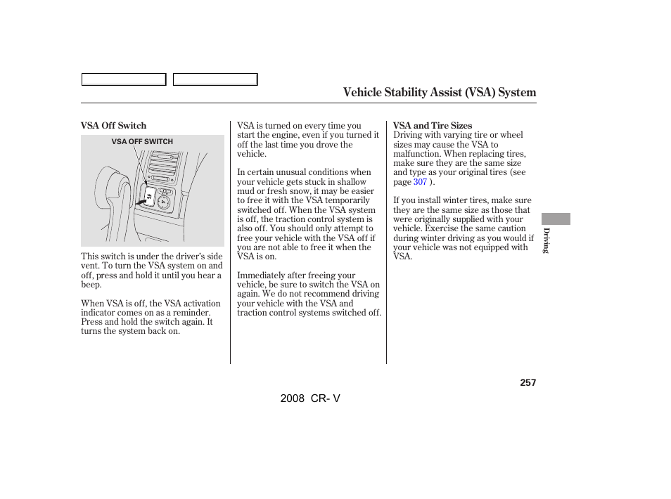 Vehicle stability assist (vsa) system | HONDA 2008 CR-V User Manual | Page 261 / 373