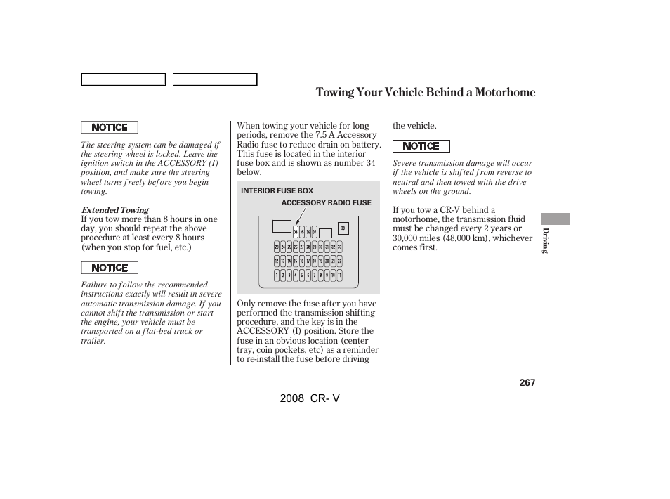 Towing your vehicle behind a motorhome | HONDA 2008 CR-V User Manual | Page 271 / 373