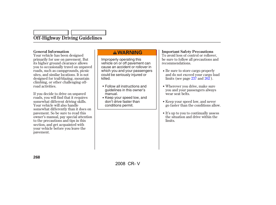 Off-highway driving guidelines | HONDA 2008 CR-V User Manual | Page 272 / 373