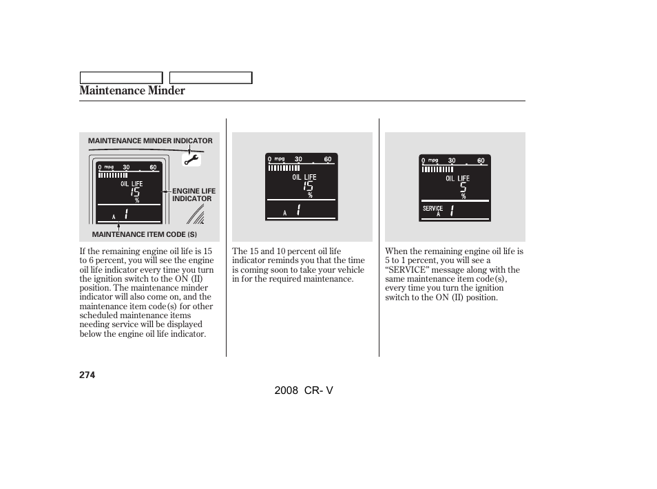 Maintenance minder | HONDA 2008 CR-V User Manual | Page 278 / 373